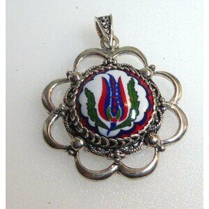 Turkish STERLING SILVER & Porcelain Colorful Pendant Signed DGS